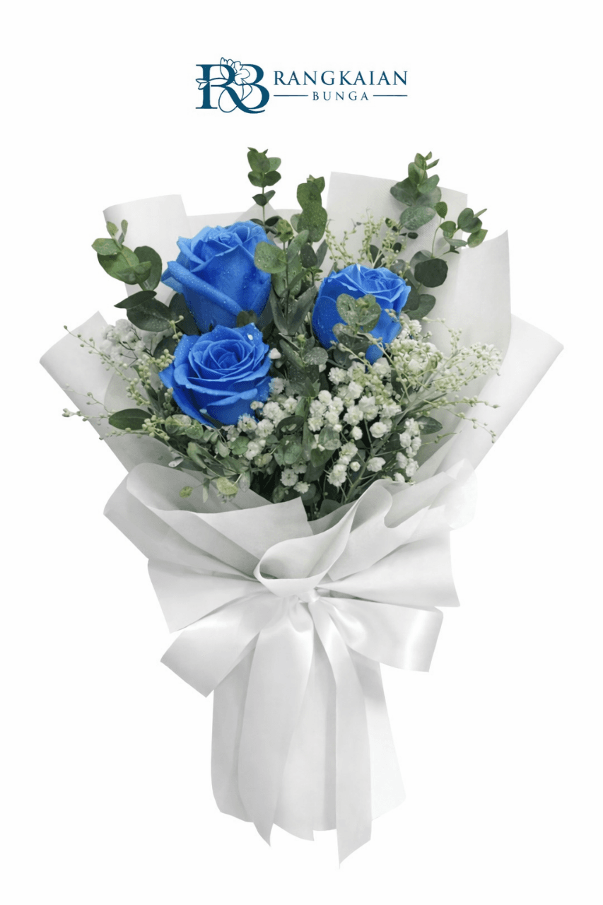 Bouquet Fresh Flower – 3 Blue Roses & Baby Breath